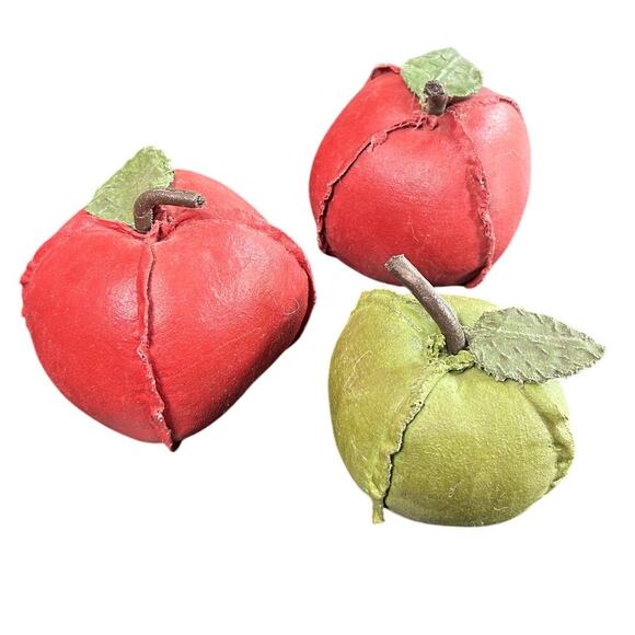 Filler Bowl Decor Apples- Set of 3- Red Green- painted fabric- Stems- Vintage - Picture 2 of 6